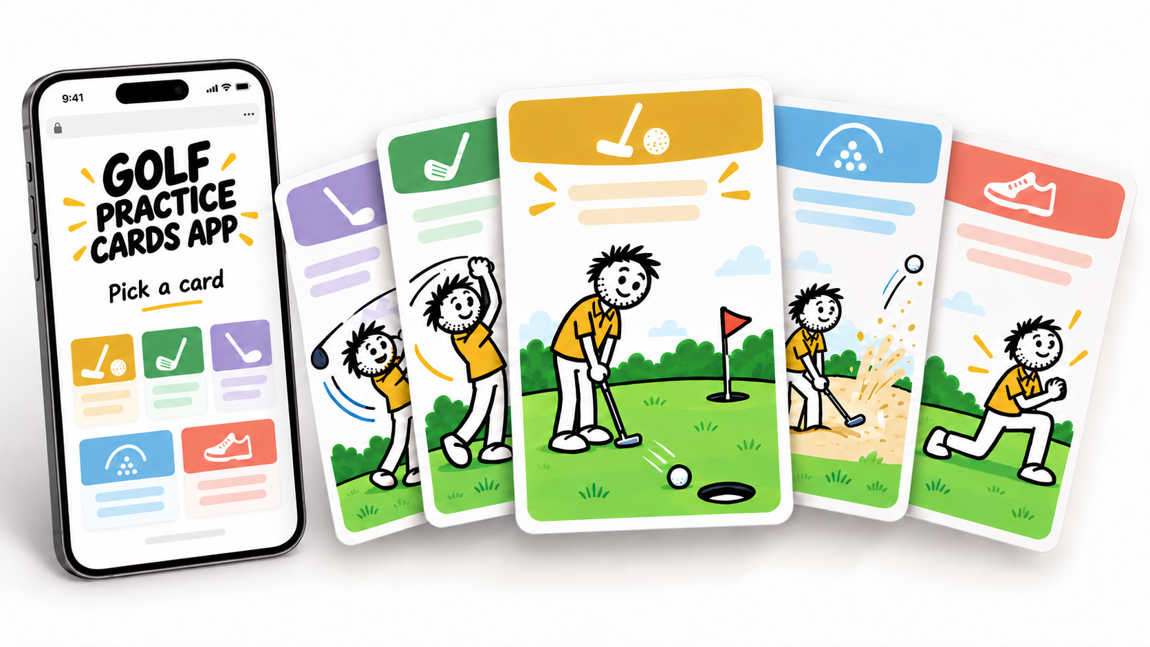 Golf Practice Cards App with illustrated golf drill cards