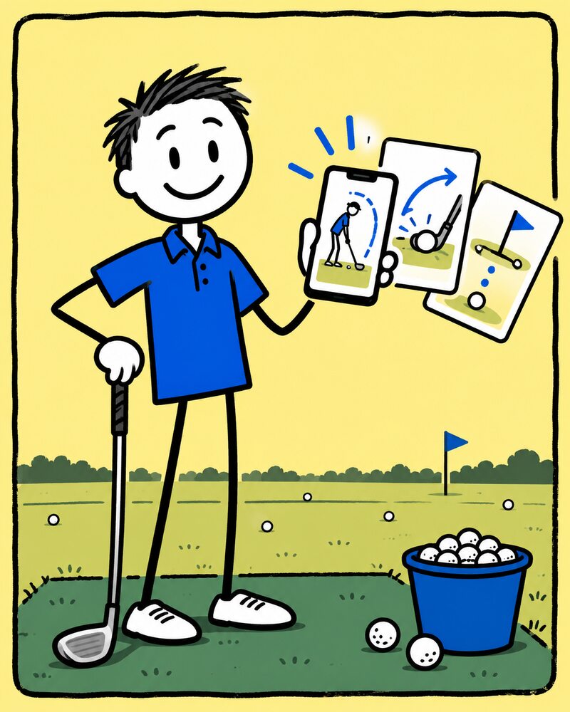 George with a bucket of balls and golf practice cards on his phone