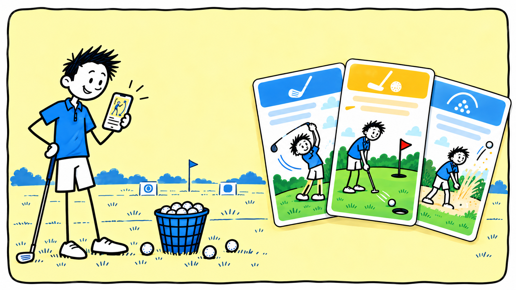 George holding the Golf Practice Cards App beside illustrated drill cards