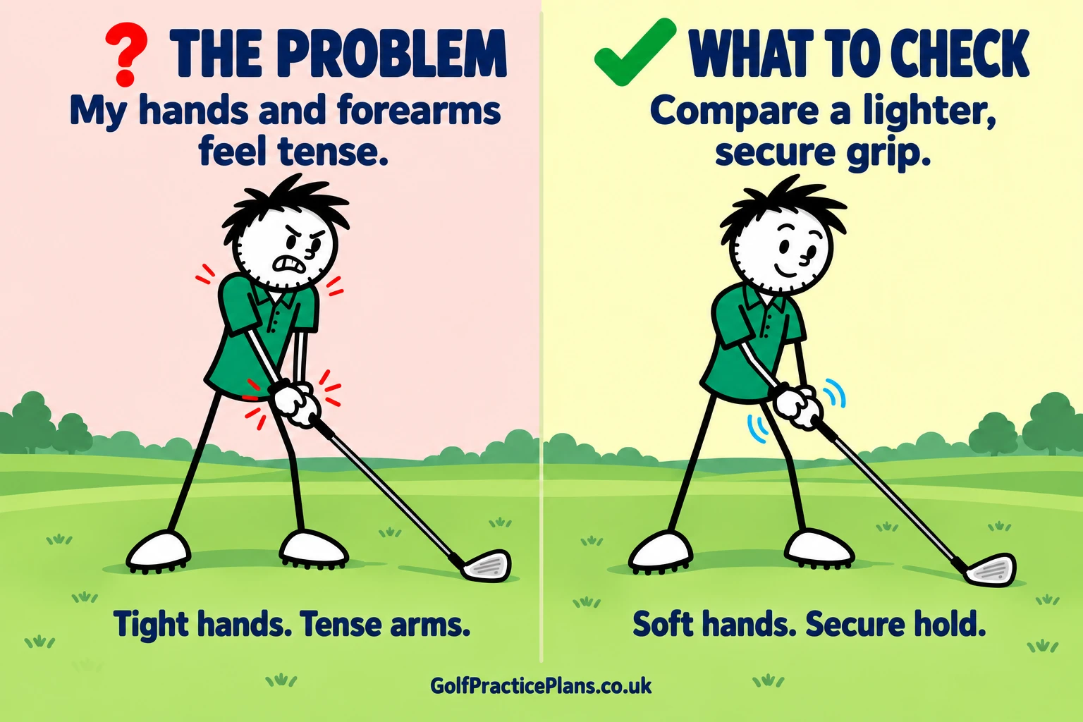 The problem: My hands and forearms feel tense. What to check: Compare a lighter, secure grip.