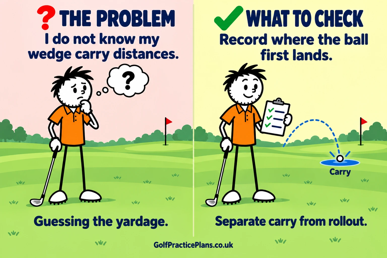 The problem: I do not know my wedge carry distances. What to check: Record where the ball first lands.