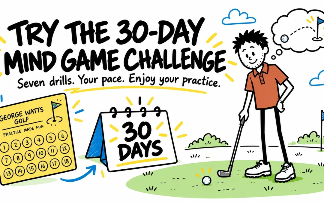 George in a terracotta golf shirt visualising a shot beside a practice card and 30-day calendar.