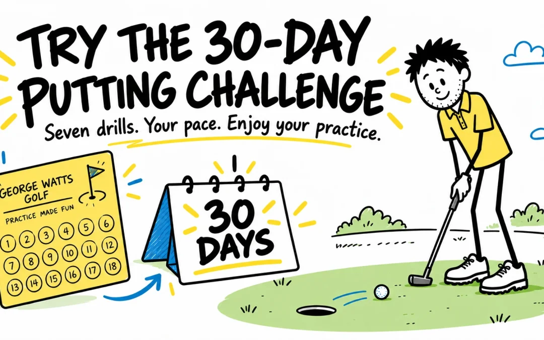 Try the 30-day putting challenge. Seven drills. Your pace. Enjoy your practice. George putting beside a 30 Days calendar.