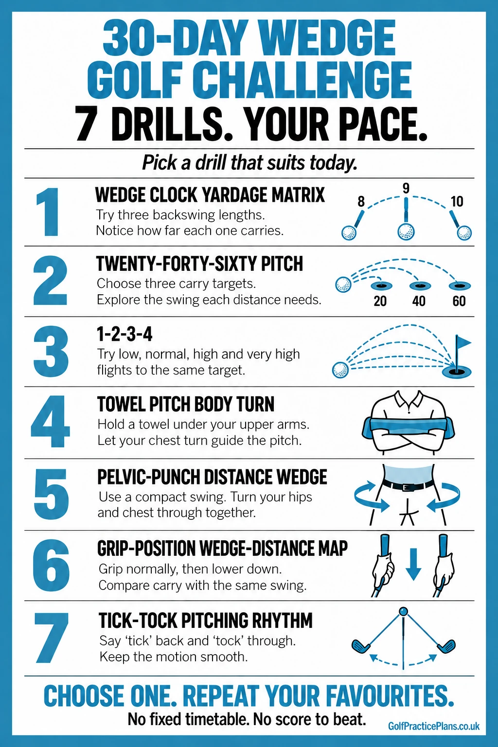 Seven wedge drills: Wedge Clock Yardage Matrix, Twenty-forty-sixty pitch, 1-2-3-4, Towel pitch body turn, Pelvic-punch distance wedge, Grip-position wedge-distance map and Tick-tock pitching rhythm.