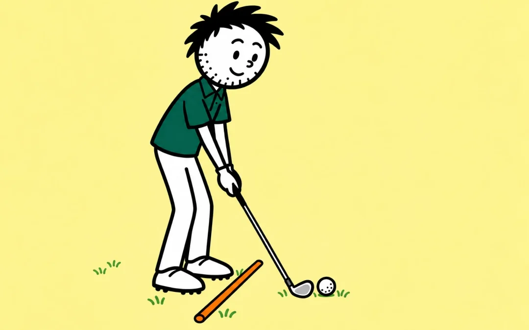 Green-shirt golfer with an orange alignment stick beside the toe line, running towards the target and clear of the ball.