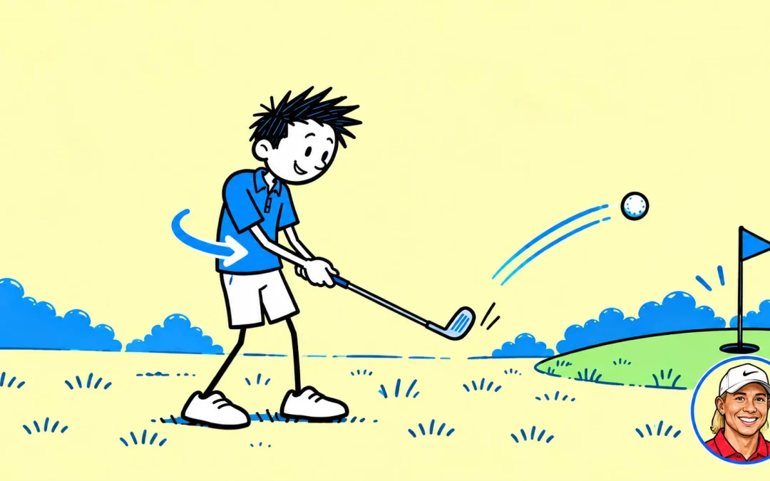 Golfer turning through a short shot with a small circular Annika Sorenstam portrait at bottom right.
