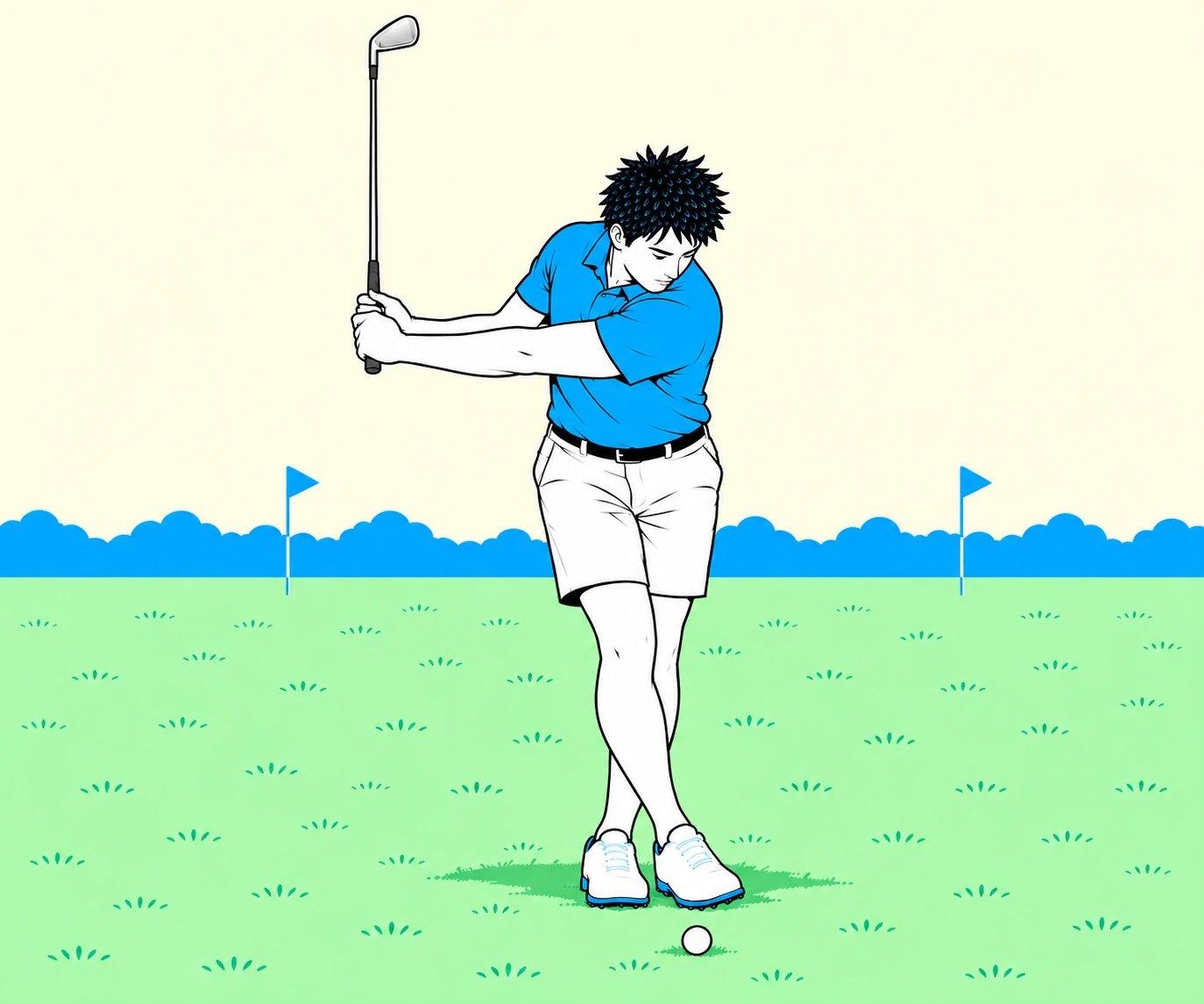 Short L backswing with crossed legs, arms moving back and clubshaft upright.