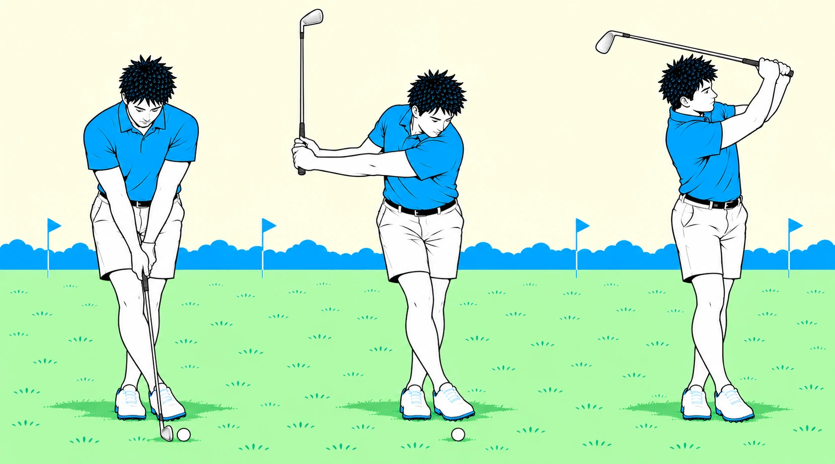 Three positions: crossed-leg address, short L backswing and full finish.