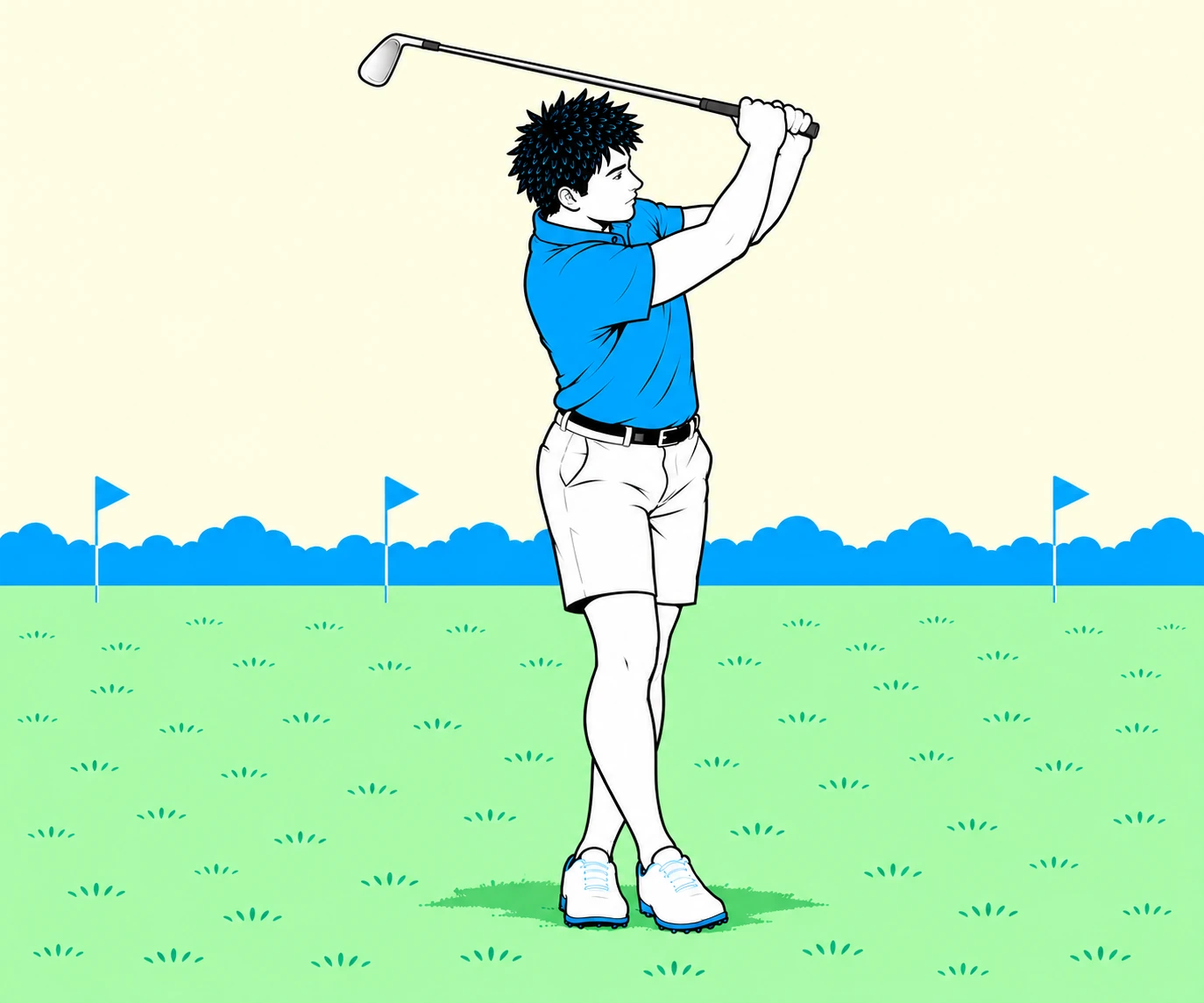 Full finish with crossed legs, body facing the target and club above the lead shoulder.