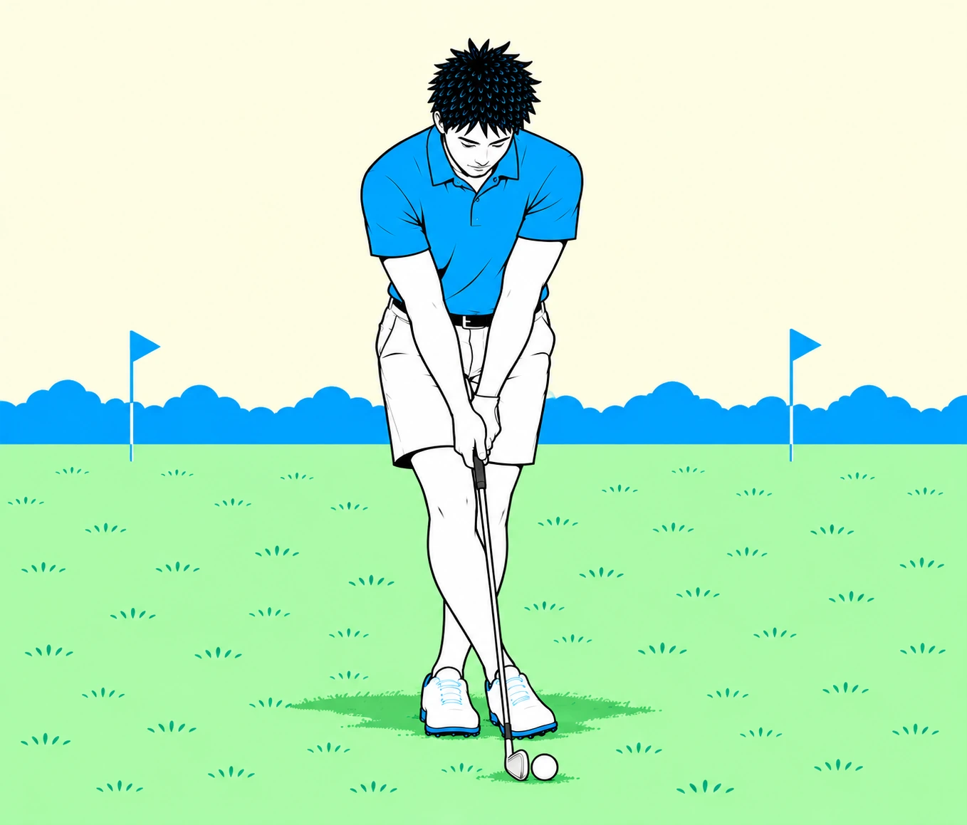 Address position with the right leg crossed in front of the left and wedge behind the ball.