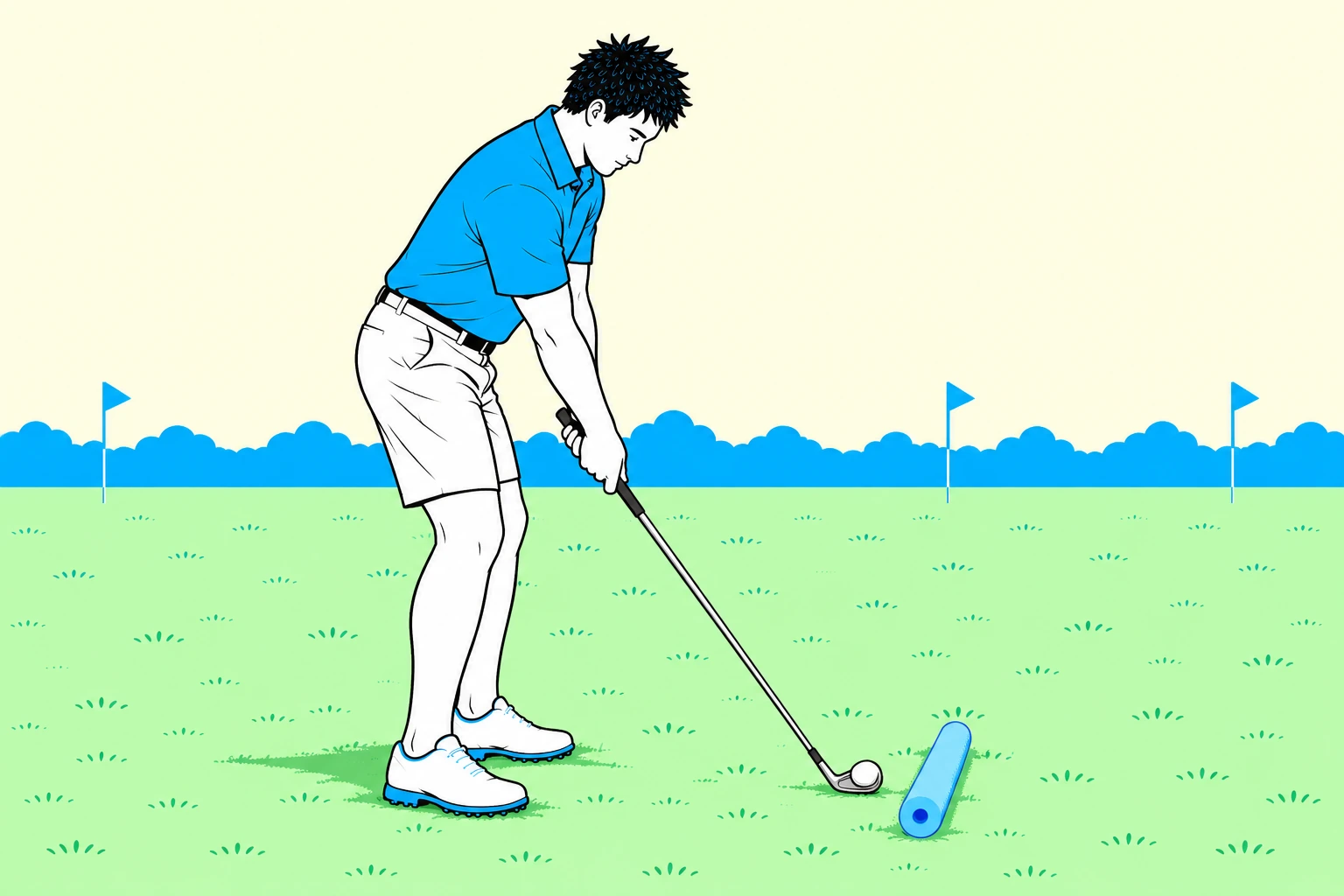 Golfer at address with a foam noodle on the ground just outside the golf ball.