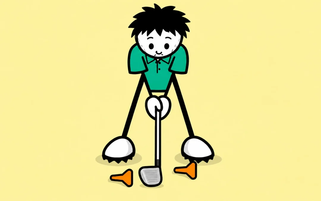 Front-facing branded golfer rehearsing between two orange tees without a ball
