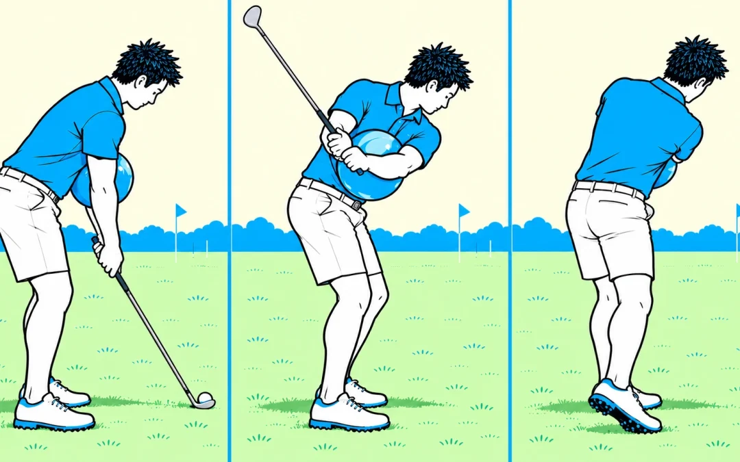 Down-the-target-line view of address, short backswing and short follow-through with a beach ball under the arms.