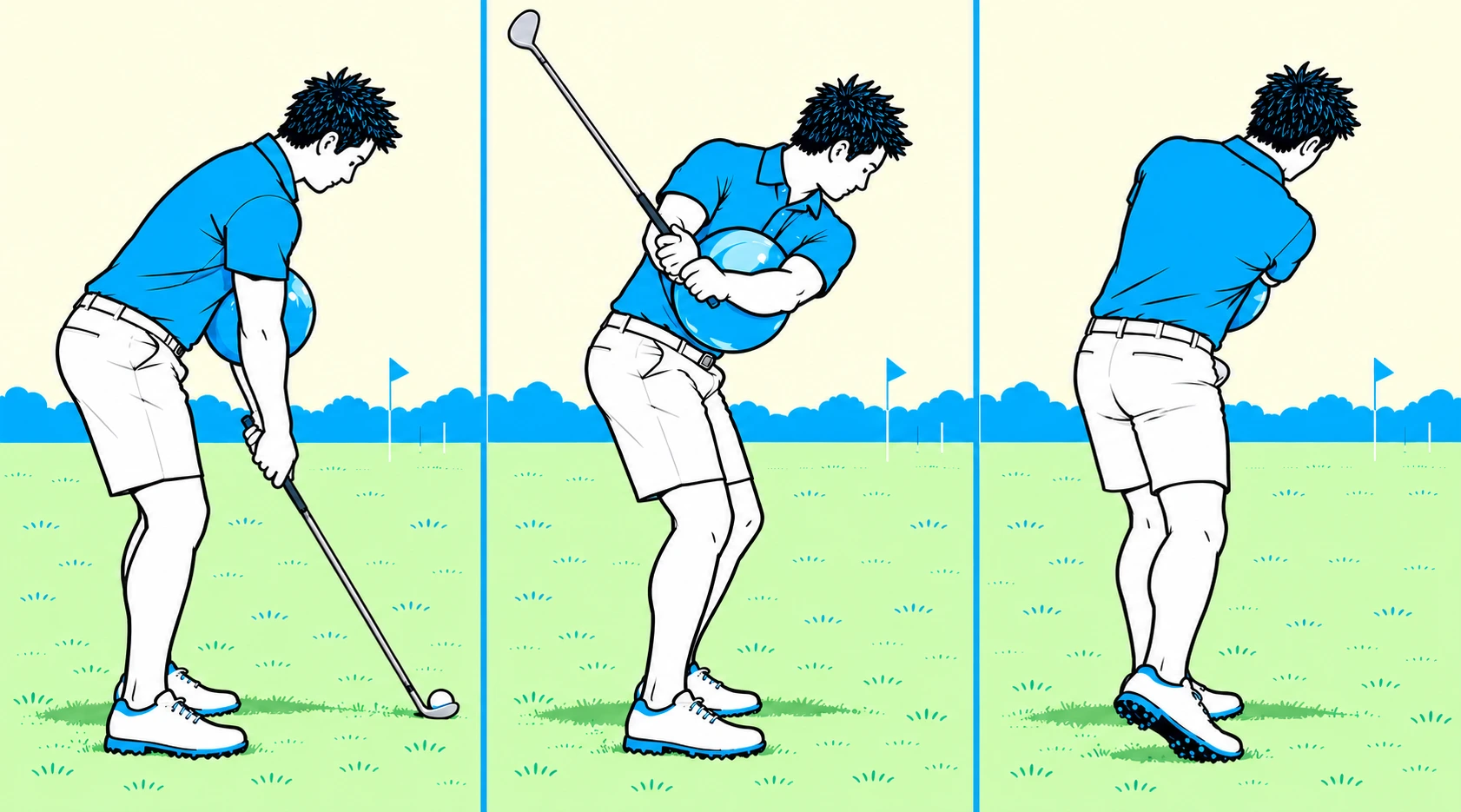 Address, short backswing and short follow-through, viewed down the target line.