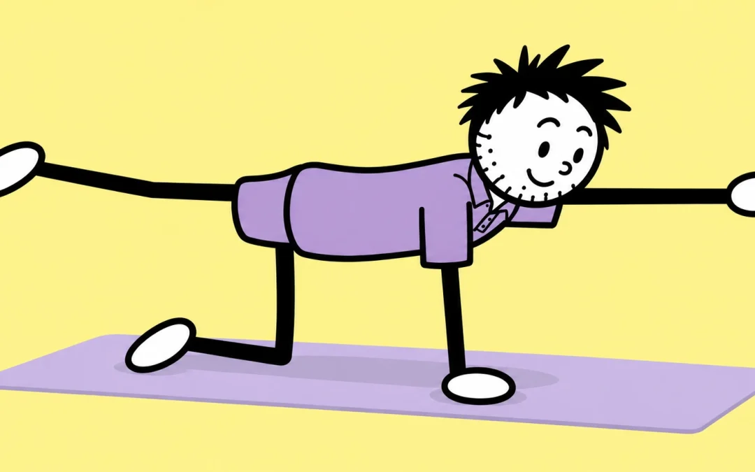 Purple-shirted branded figure reaching opposite arm and leg on a purple mat.