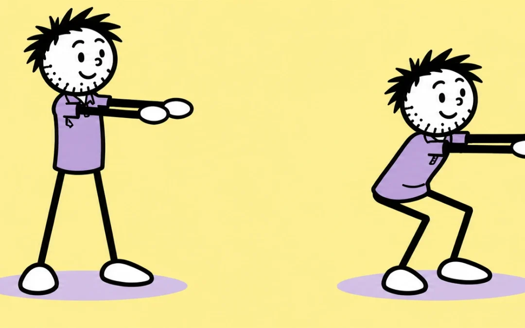 Purple-shirted branded figures showing a standing setup and controlled bodyweight squat.