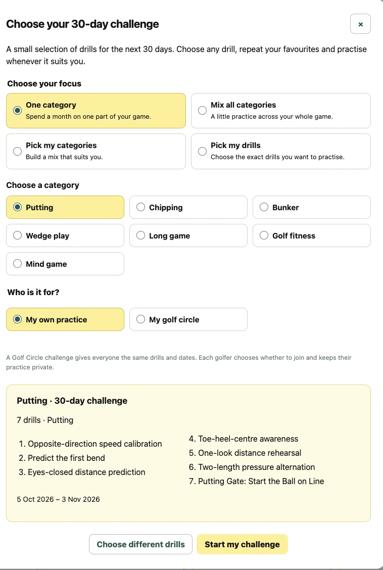 Choose your 30-day challenge: focus options, seven categories, personal or Golf Circle practice and seven suggested drills