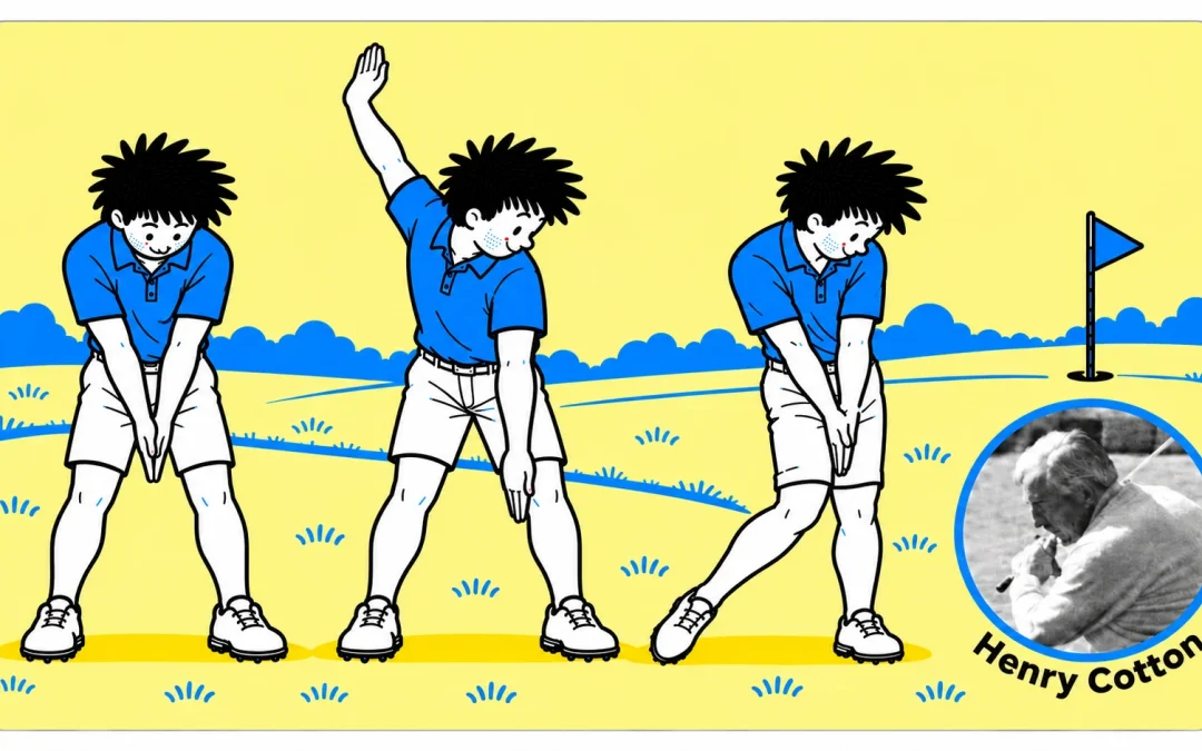 Start, backswing and impact positions, with Henry Cotton’s photograph and curved name.