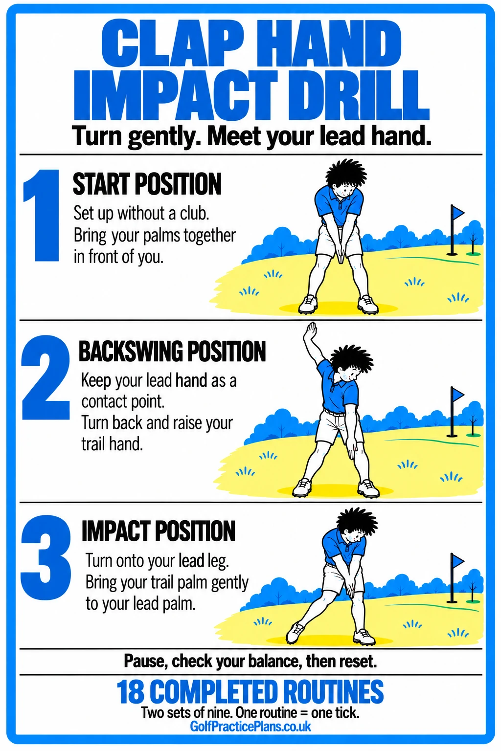 Clap Hand Impact Drill: palms together at address, trail-hand backswing and a gentle clap as the body turns onto the lead leg.