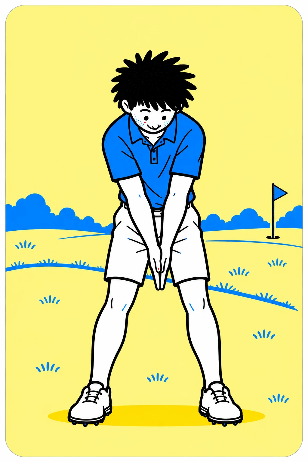 George at address without a club, with both palms together.