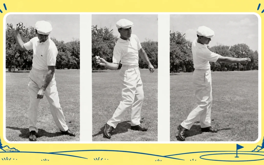 Three photographs of Ben Hogan demonstrating a sidearm throw, framed in the yellow and blue golf brand.