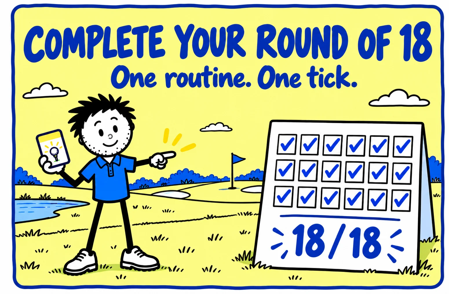 Branded stick figure in a blue polo and golf shoes beside eighteen ticked practice boxes. One routine. One tick.