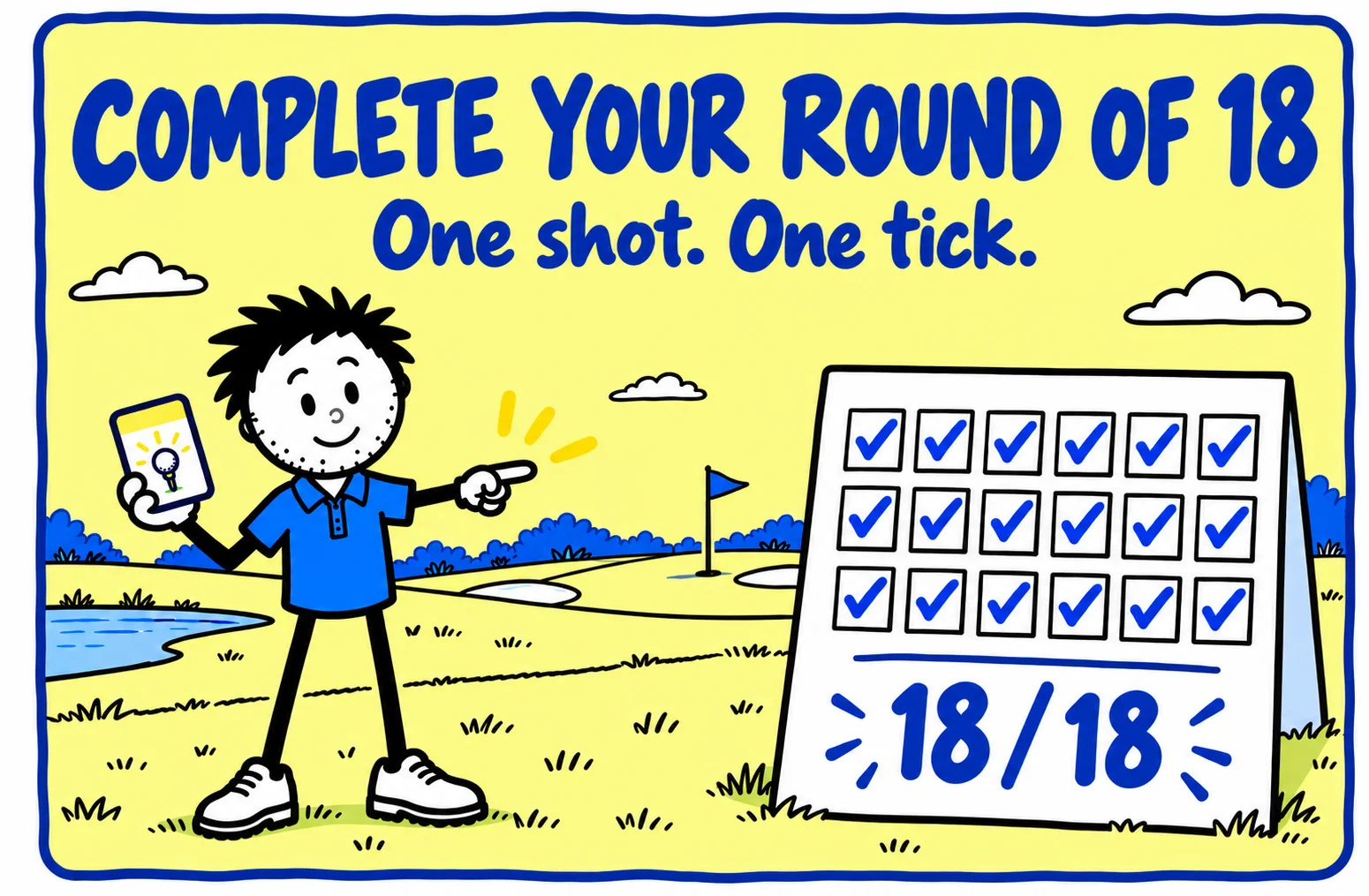Branded stick figure in a blue polo and golf shoes beside eighteen ticked practice boxes. One shot. One tick.