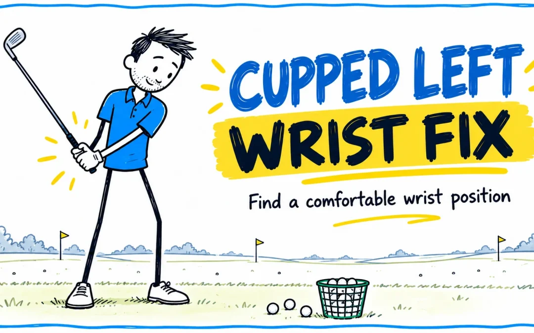 Cupped Left Wrist Fix — blue-shirted golf mascot rehearsing a comfortable wrist position