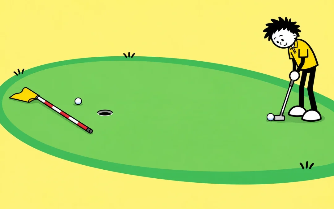 Golfer putting toward a hole with a flat flagstick two feet beyond it.