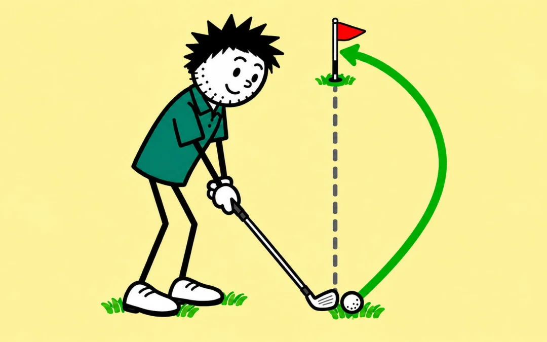 Spiky-haired golfer and a curved draw flight towards a flag on a yellow background.