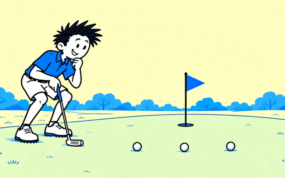 George reading three balls on a putting green, with a pale yellow background and blue scenery.