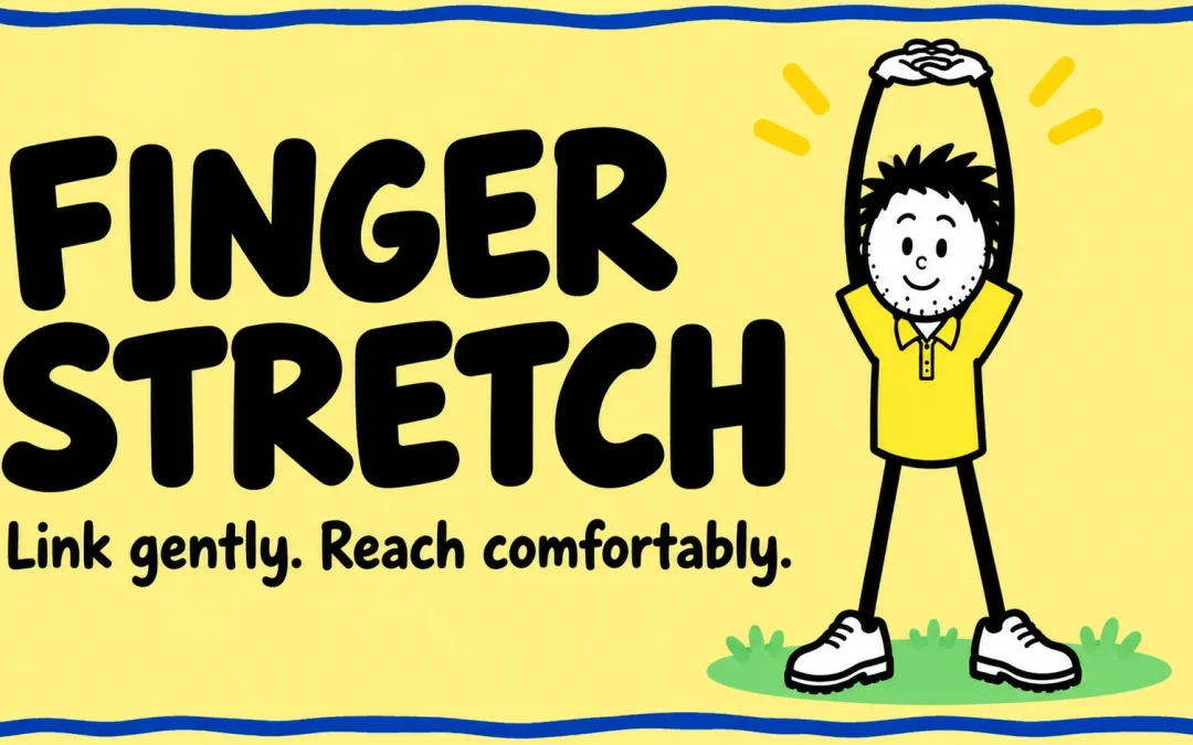 Branded stick golfer reaching overhead with fingers gently linked.