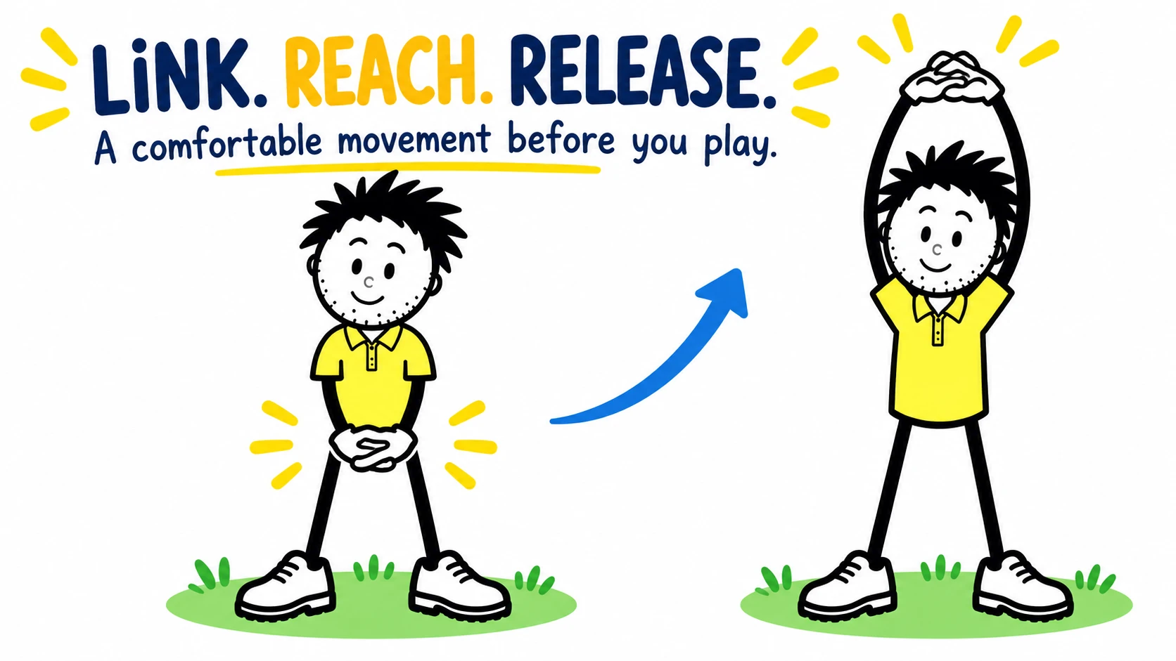 Branded stick golfers showing linked fingers at waist height and a comfortable overhead reach.