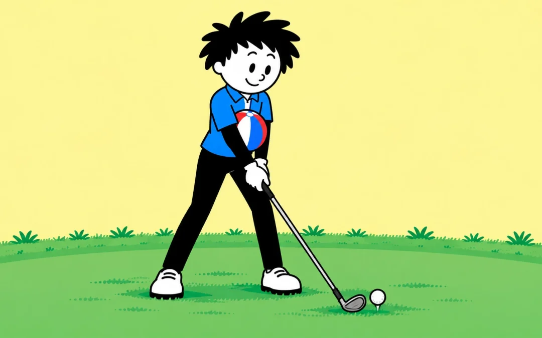 Blue-shirted branded golfer holding a beach ball between the upper arms and chest while addressing a golf ball with a wedge.