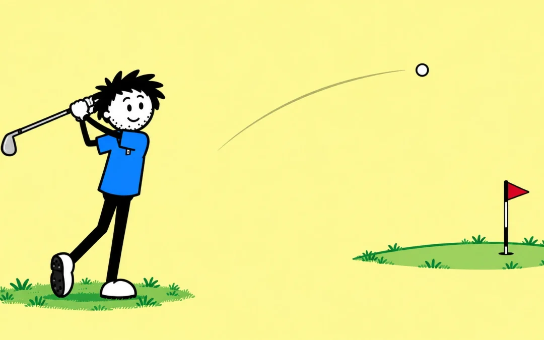 Blue stick-figure golfer completing a balanced flowing swing on a pale yellow background