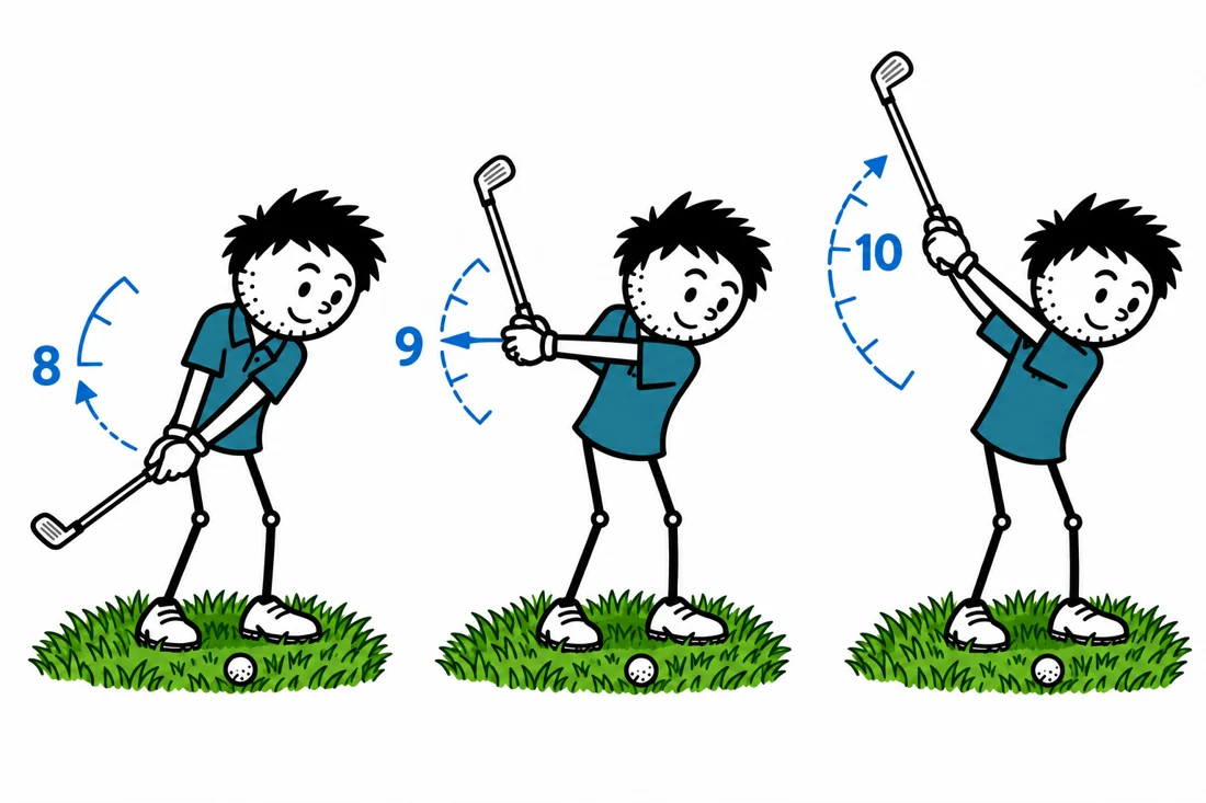 Wedge Clock Yardage Matrix: blue-shirted George illustration from the Golf Practice Made Fun App