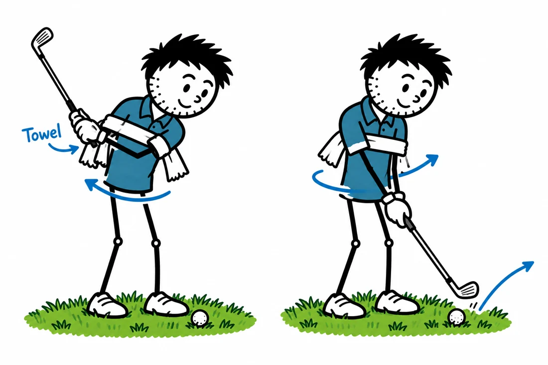Towel pitch body turn: blue-shirted George illustration from the Golf Practice Made Fun App
