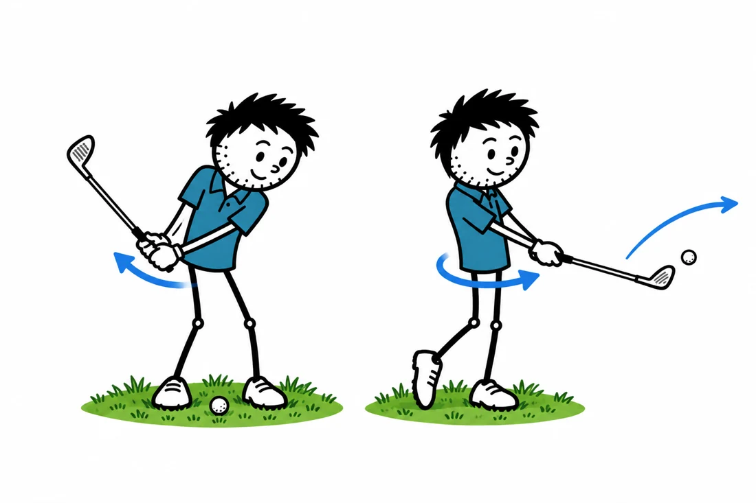 Pelvic-punch distance wedge: blue-shirted George illustration from the Golf Practice Made Fun App
