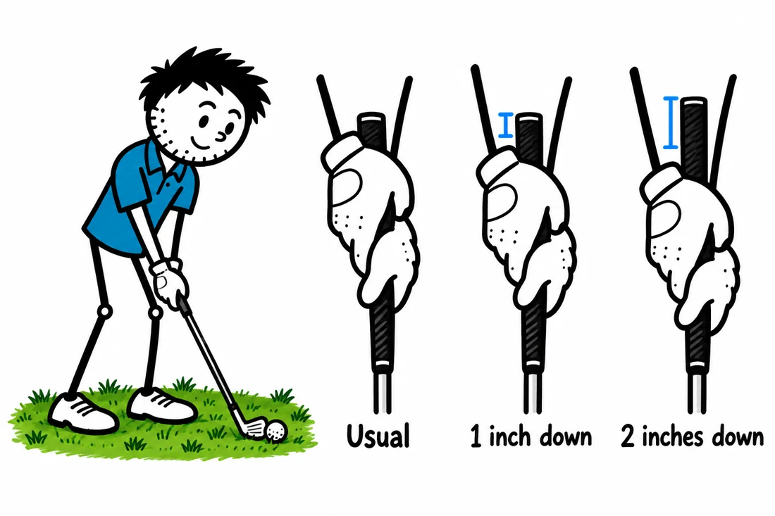 Grip-position wedge-distance map: blue-shirted George illustration from the Golf Practice Made Fun App