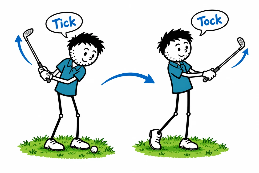 Tick-tock pitching rhythm: blue-shirted George illustration from the Golf Practice Made Fun App