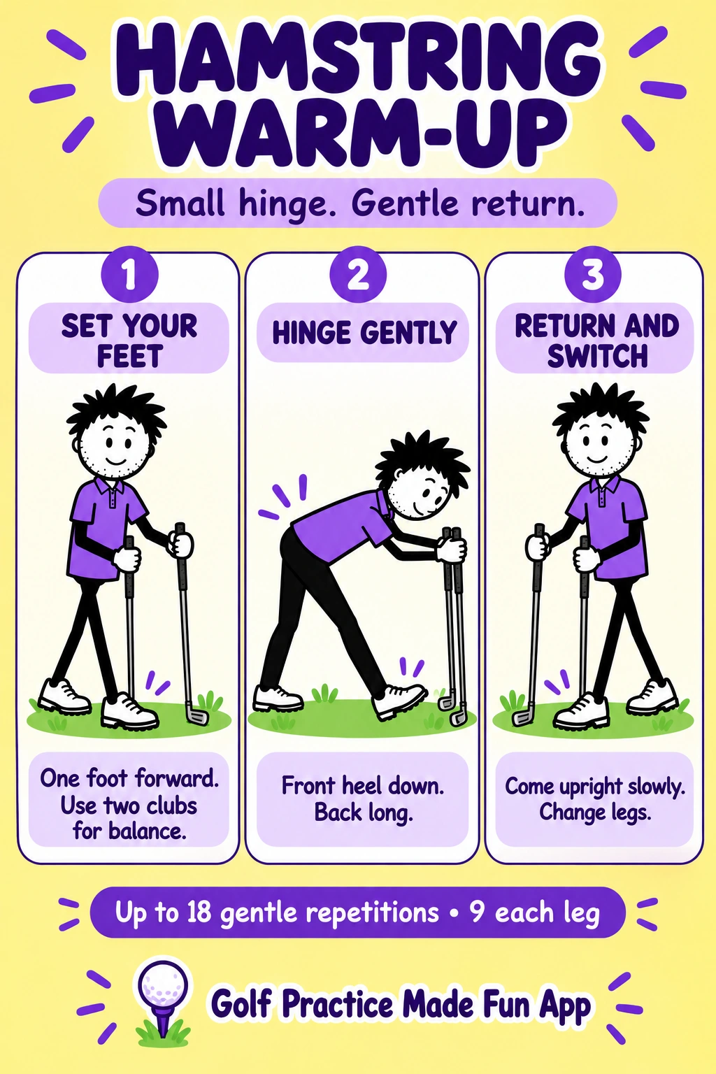 Hamstring warm-up: stagger the feet, hinge gently with support and return before switching legs