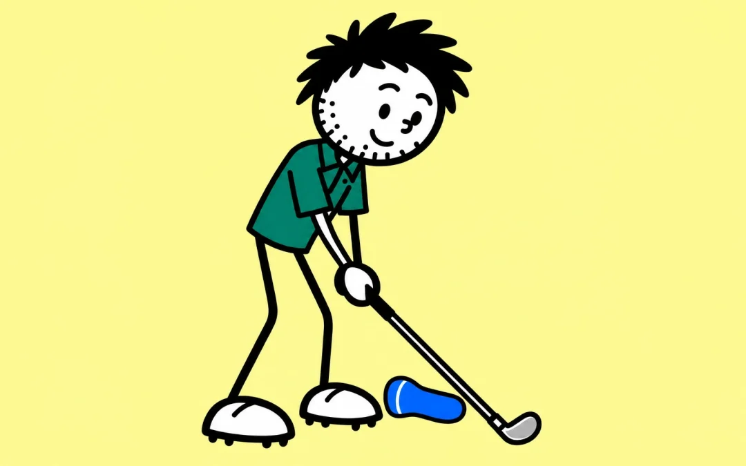Branded green-shirt golfer rehearsing beside a blue headcover, with thin stick-line legs.