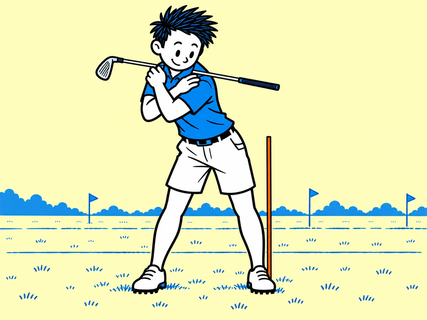 Starting backswing position, left foot beside the stick.