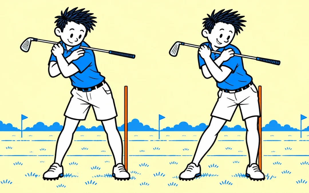 Two Hip Bump positions: turn into the backswing, then gently bump the left hip towards the alignment stick beside the left foot.