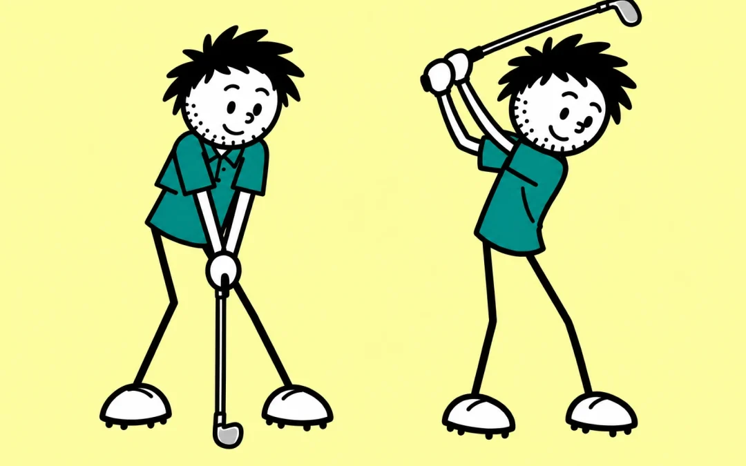 Golfer in the preset address position and at the top of the backswing.