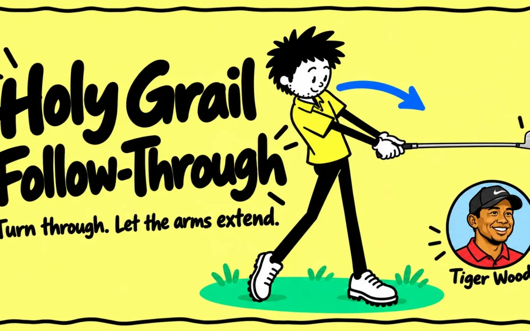 Holy Grail Follow-Through: George extending through a waist-high finish, with an illustrated Tiger Woods portrait.