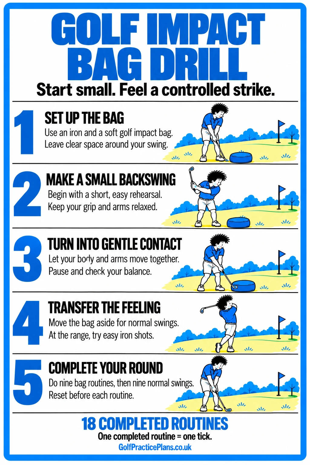 Golf Impact Bag Drill: short backswing, gentle bag contact, then transfer the feeling to normal swings over eighteen routines.