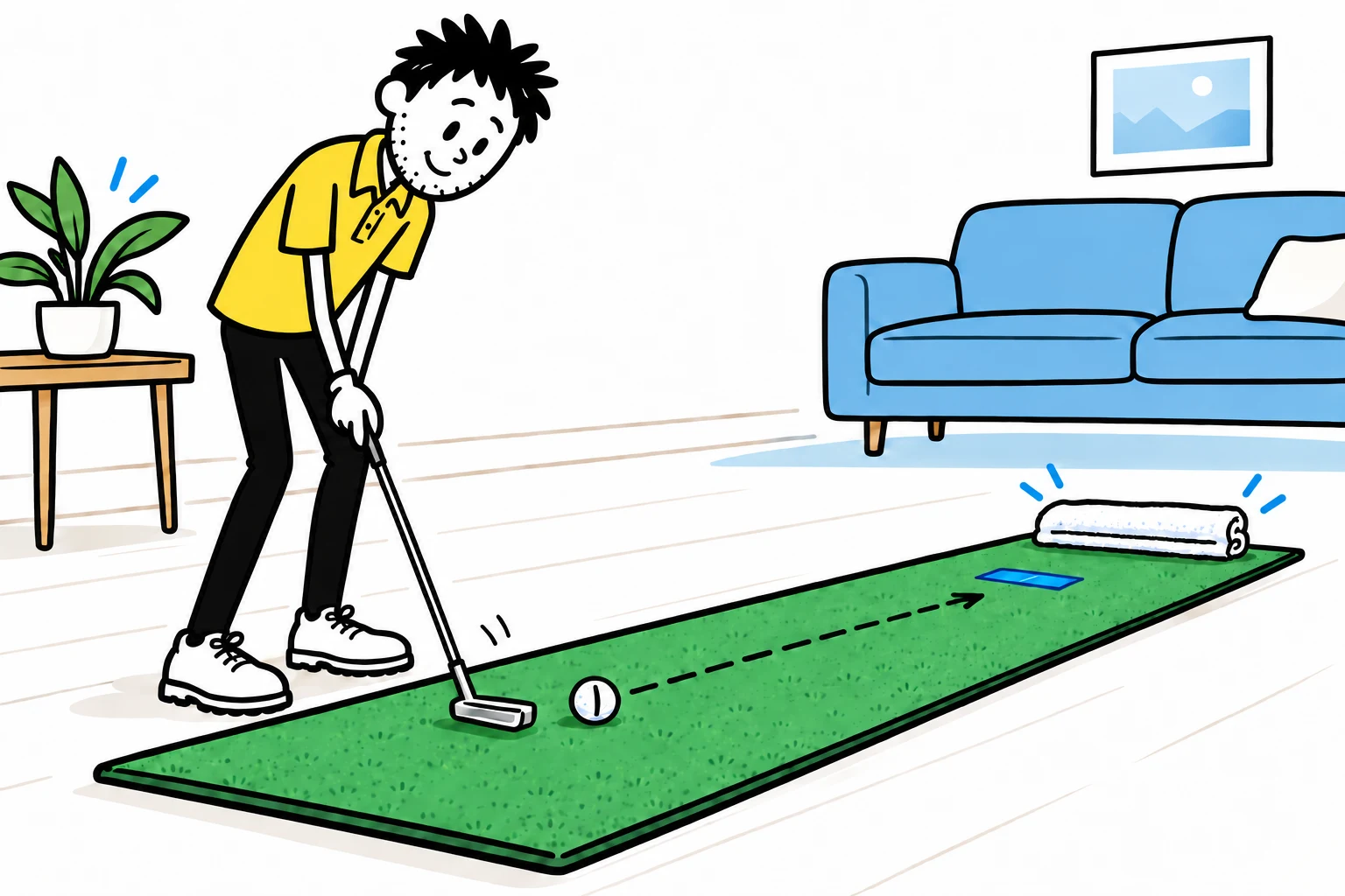 George practising a short putt at home towards a tape target