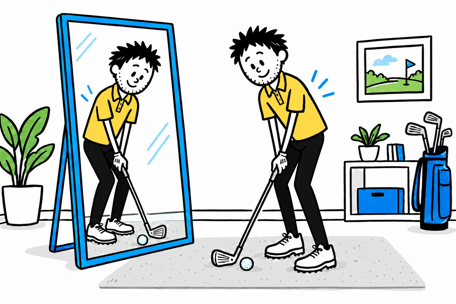 George checking comfortable golf posture in a mirror