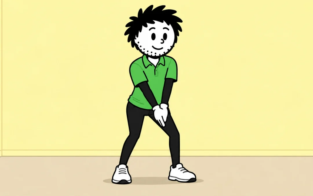 Green-shirted branded golfer with spiky hair and beard stubble rehearsing a gentle clap-hand movement indoors.